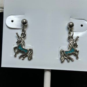 Vintage Silver Tone Faux Mosaic Turquois Unicorn Pierced Earrings (3780)
